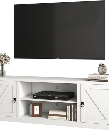 Panana Modern Farmhouse TV Stand, Entertainment Center for 70 inch TV with 2 Doors and Open Shelves for Living Room, Bedroom (White, 65 inch) - LeafyLoom