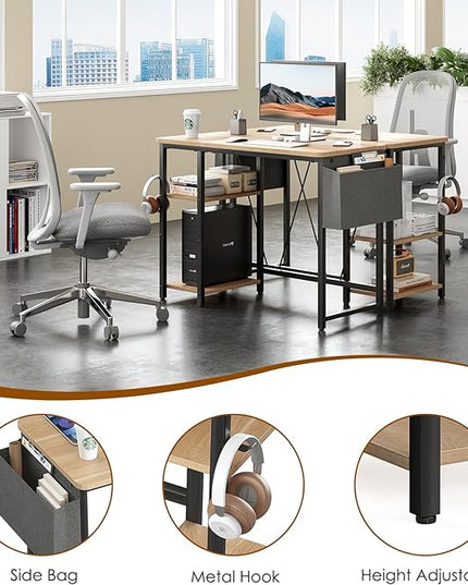 Computer Desk, 39.3” Home Office Desks, Modern Small Desk for Bedroom, Gaming Desk with Iron Hook and Height Adjustable Feet, Sturdy Student Writing Desk with Storage Bag, Storage Shelves - LeafyLoom