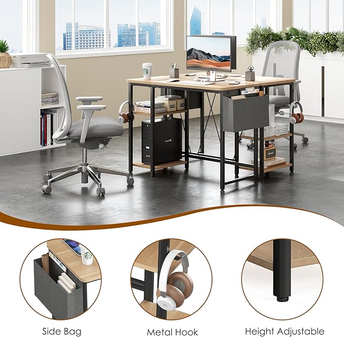 Computer Desk, 39.3” Home Office Desks, Modern Small Desk for Bedroom, Gaming Desk with Iron Hook and Height Adjustable Feet, Sturdy Student Writing Desk with Storage Bag, Storage Shelves - LeafyLoom