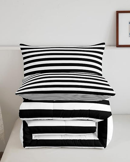 Striped Comforter Set Black and White Stripe Bedding Set Full Kids Boys Girls Women Men Farmhouse Ticking Stripes Duvet Set Horizontal Stripes Adults Abstract Gothic Home Decor Soft Reversible - LeafyLoom