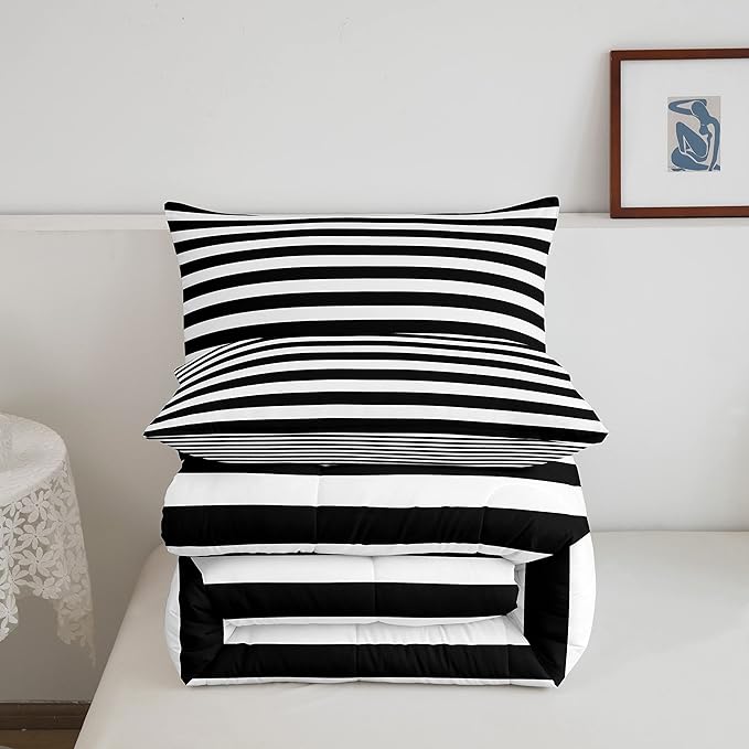 Striped Comforter Set Black and White Stripe Bedding Set Full Kids Boys Girls Women Men Farmhouse Ticking Stripes Duvet Set Horizontal Stripes Adults Abstract Gothic Home Decor Soft Reversible - LeafyLoom