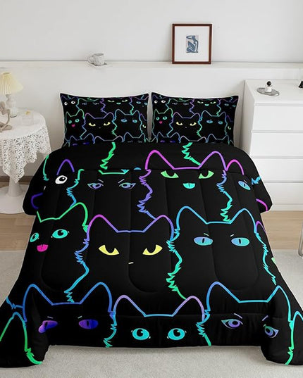 Erosebridal Cute Cat Kids Comforter Neon Rainbow Line Cat Twin Bedding Set for Girls Boys Teen Cartoon Kawaii Cats Toddler Bed Set Colorful Animals Quilt Set Reversible Black,1 Pillow Case - LeafyLoom