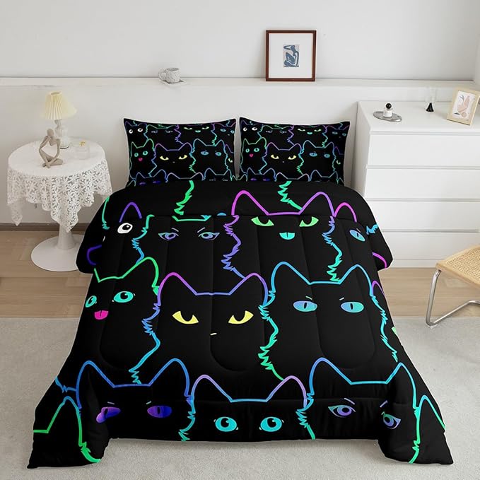 Erosebridal Cute Cat Kids Comforter Neon Rainbow Line Cat Twin Bedding Set for Girls Boys Teen Cartoon Kawaii Cats Toddler Bed Set Colorful Animals Quilt Set Reversible Black,1 Pillow Case - LeafyLoom
