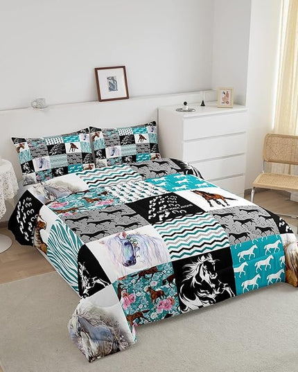 Horse Bedding,Western Farmhouse Horse Comforter Set For Girls Twin Bed,Boho Arrow Teal Zebra Stripe Comforter For Kids Boys Women,Rose Flower Rustic Cowboy Quilt Duvet sets 1 Pillowcases Black White - LeafyLoom