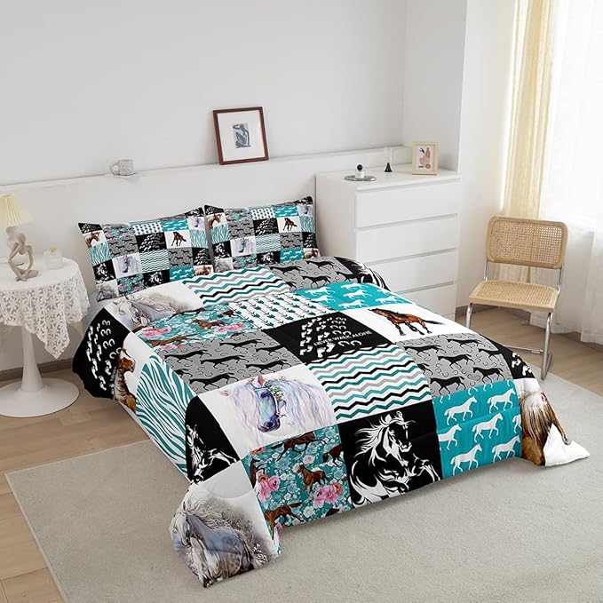 Horse Bedding,Western Farmhouse Horse Comforter Set For Girls Twin Bed,Boho Arrow Teal Zebra Stripe Comforter For Kids Boys Women,Rose Flower Rustic Cowboy Quilt Duvet sets 1 Pillowcases Black White - LeafyLoom