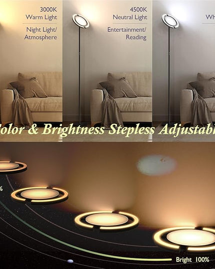 FIMEI Modern Black Metal Saturn Ring LED Floor Lamp, Stepless Dimming and Color Temperature Adjustment, Rotatable Lamp Head, Independent Control of Upwards Round Light and Outer Ring Light - LeafyLoom