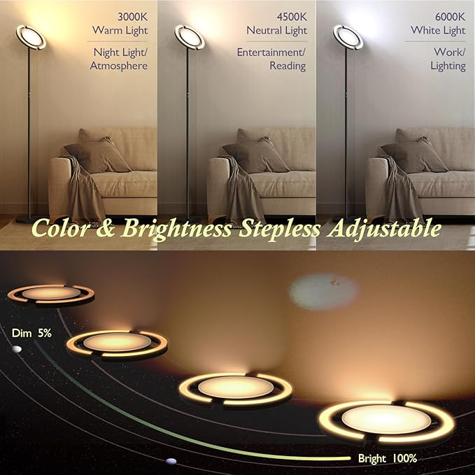 FIMEI Modern Black Metal Saturn Ring LED Floor Lamp, Stepless Dimming and Color Temperature Adjustment, Rotatable Lamp Head, Independent Control of Upwards Round Light and Outer Ring Light - LeafyLoom