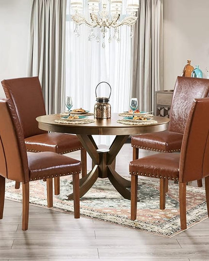 Parsons Dining Chairs Set of 6, Upholstered Nailhead PU Leather Dining Room Kitchen Side Chair with Thick Cushions and Wood Legs, Light Brown - LeafyLoom