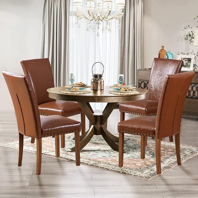 Parsons Dining Chairs Set of 6, Upholstered Nailhead PU Leather Dining Room Kitchen Side Chair with Thick Cushions and Wood Legs, Light Brown - LeafyLoom