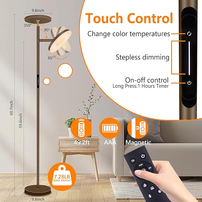 LED Floor Lamp,69" Tall Lamp with Remote & Touch Control,Dimmable Brightness Color Temperature Standing Lamp for Living Room Bedroom Classroom Office,Brown - LeafyLoom