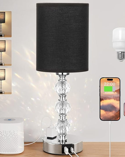 Black Touch Bedside Lamps for Bedrooms - Crystal Table Lamp with USB C+A Charging Port and AC Outlet Nightstand, 3 Way Dimmable Silver Small End Side Table Lamp for Living/Guest/Dinning Room/Kitchen - LeafyLoom