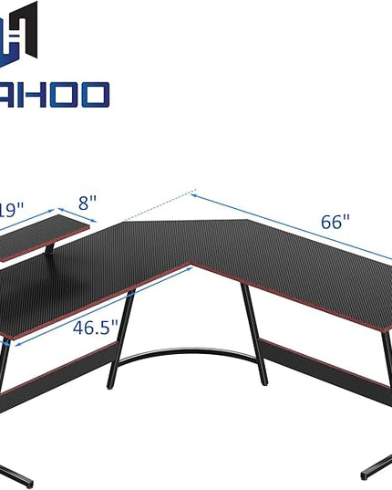 L Shaped Gaming Desk, 66 Inch Computer Corner Table with Large Monitor Stand & Carbon Fiber Surface for Home Office Study Writing Workstation, Black - LeafyLoom