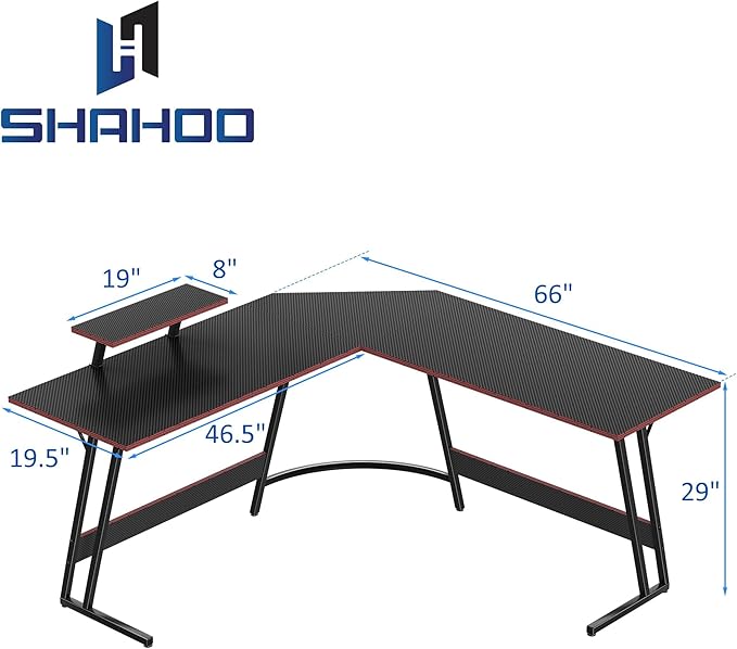 L Shaped Gaming Desk, 66 Inch Computer Corner Table with Large Monitor Stand & Carbon Fiber Surface for Home Office Study Writing Workstation, Black - LeafyLoom