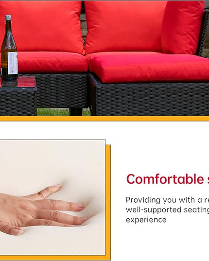 FDW Patio Furniture Sets 5 Pieces Outdoor Wicker Conversation Set Sectional Sofa Rattan Chair for Outdoor Backyard Porch Poolside Balcony Garden Furniture with Coffee Table,Red Cushion - LeafyLoom