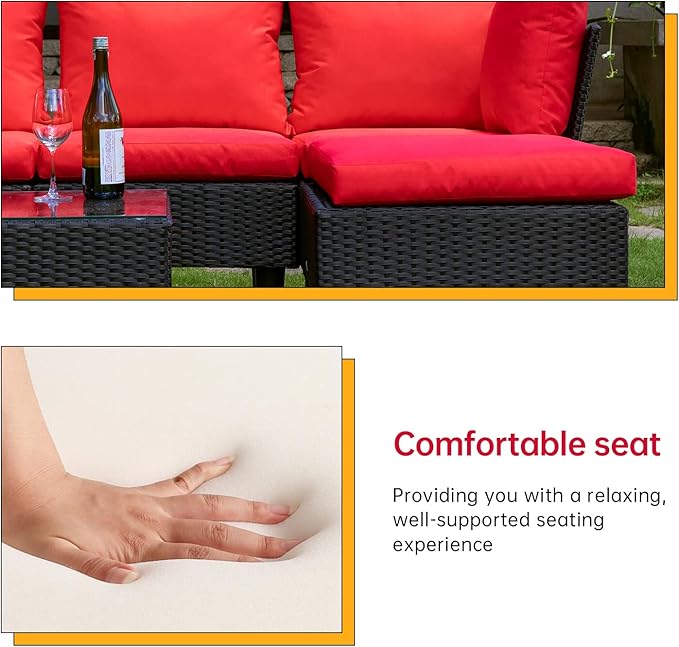 FDW Patio Furniture Sets 5 Pieces Outdoor Wicker Conversation Set Sectional Sofa Rattan Chair for Outdoor Backyard Porch Poolside Balcony Garden Furniture with Coffee Table,Red Cushion - LeafyLoom