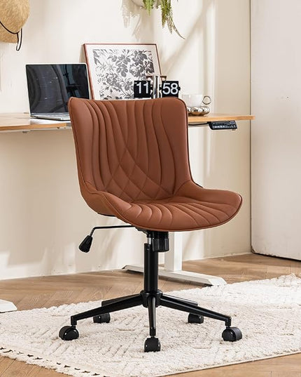YOUTASTE Coffee Brown Office Chair Modern Armless Desk Chair with Wheels Adjustable Swivel Rocking Rolling Computer Study Chairs Faux Leather Sewing Chairs with Back Stylish Vanity Chair - LeafyLoom