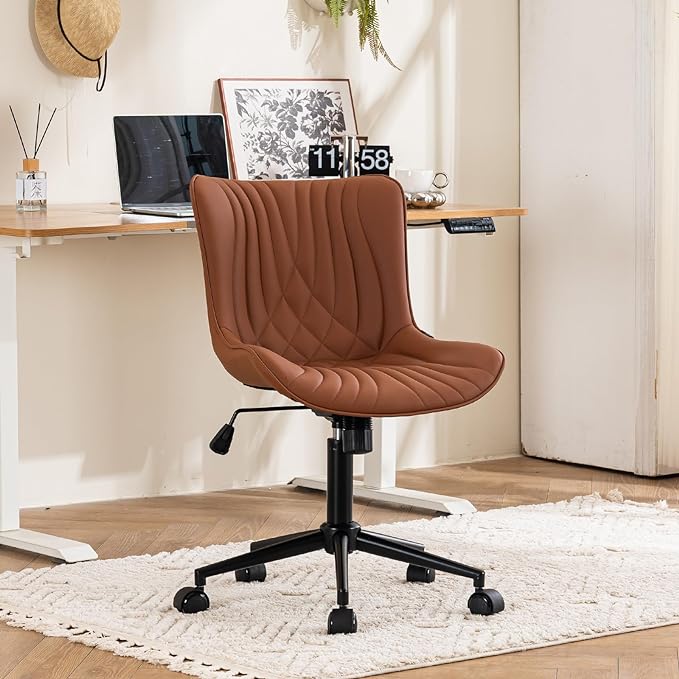 YOUTASTE Coffee Brown Office Chair Modern Armless Desk Chair with Wheels Adjustable Swivel Rocking Rolling Computer Study Chairs Faux Leather Sewing Chairs with Back Stylish Vanity Chair - LeafyLoom