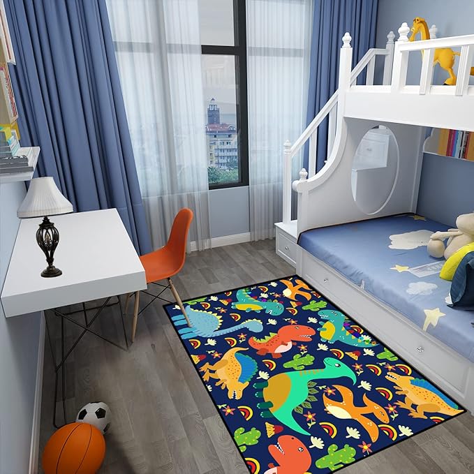 Dinosaur Carpet for Boys Room Dinosaurs Area Rugs Cute Dinosaur Cartoon Carpet Kids Rug Boys Room Rug for Kids Playroom Classroom and Livingroom,Blue 3'×5' - LeafyLoom