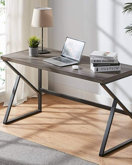 HSH Industrial Home Office Desk, Metal and Wood Computer Desk, Rustic Vintage Soho Work Study Writing Table, Modern PC Desk for Livingroom Bedroom, Farmhouse Computer Table Grey 55 inch Wide - LeafyLoom