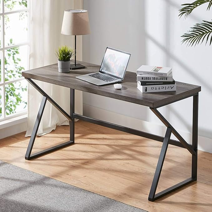 HSH Industrial Home Office Desk, Metal and Wood Computer Desk, Rustic Vintage Soho Work Study Writing Table, Modern PC Desk for Livingroom Bedroom, Farmhouse Computer Table Grey 55 inch Wide - LeafyLoom