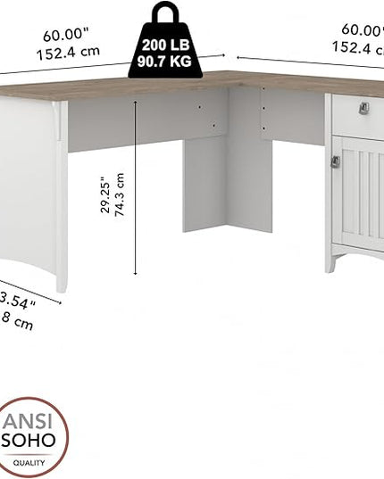 Bush Furniture Salinas L-Shaped Desk with Storage | Study Table with Drawers & Cabinets | Home Office Computer Desk in Pure White and Shiplap Gray - LeafyLoom