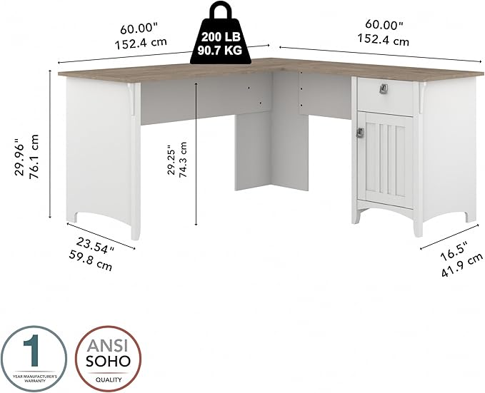 Bush Furniture Salinas L-Shaped Desk with Storage | Study Table with Drawers & Cabinets | Home Office Computer Desk in Pure White and Shiplap Gray - LeafyLoom