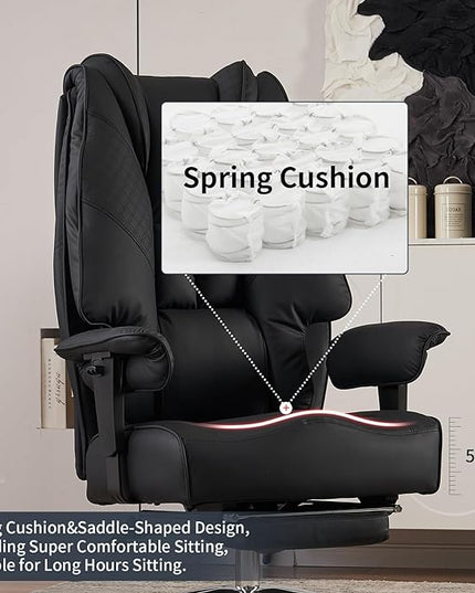 Big and Tall Office Chair 400lbs Wide Seat, Leather High Back Executive Office Chair with Foot Rest, Ergonomic Office Chair Lumbar Support for Lower Back Pain Relief (Black) - LeafyLoom