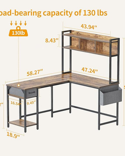 BANTI L Shaped Desk with Hutch, 58 inch Corner Computer Desk with Drawer,Home Office Gaming Table Workstation with Storage Bookshelf, Rustic Brown - LeafyLoom