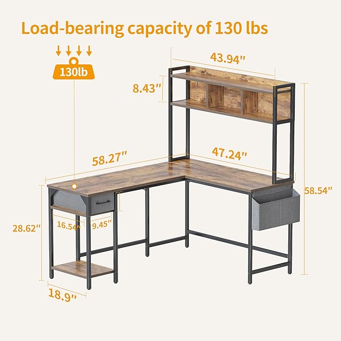 BANTI L Shaped Desk with Hutch, 58 inch Corner Computer Desk with Drawer,Home Office Gaming Table Workstation with Storage Bookshelf, Rustic Brown - LeafyLoom