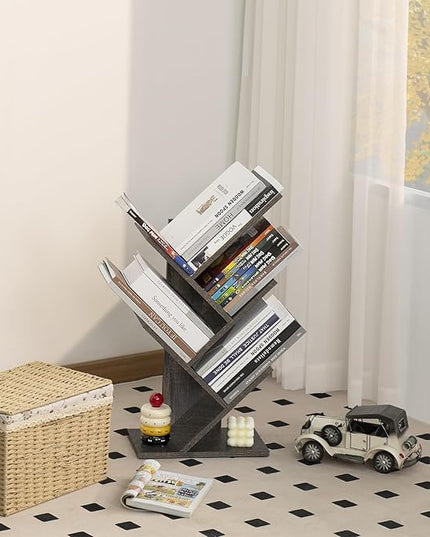 5 Tier Tree Book Shelf, Small Desktop Bookshelf with Storage Organizer, Wood Bookcase, Desk Display Bookshelves, Floor Standing Organizer Bookcases for Living Room,Bedroom,Office-Dark Grey - LeafyLoom