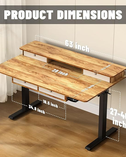 63 * 30 Inches Electric Standing Desk Adjustable Height with 4 Drawers, Double Storage Shelves Stand Up Desk, Home Office Workstation Sit Stand up Desk (Light Rustic Brown) - LeafyLoom