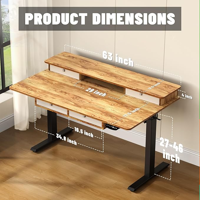 63 * 30 Inches Electric Standing Desk Adjustable Height with 4 Drawers, Double Storage Shelves Stand Up Desk, Home Office Workstation Sit Stand up Desk (Light Rustic Brown) - LeafyLoom