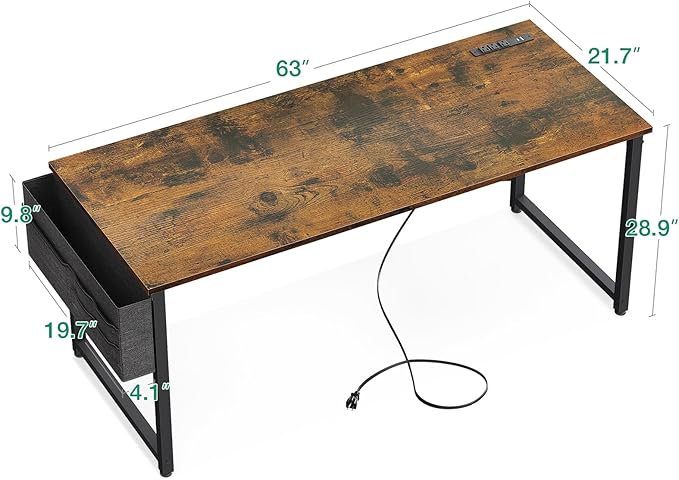 AODK 63 inch Small Computer Desk with Power Outlet for Small Spaces Home Office Student Laptop PC Writing Desks with Storage Bag Headphone Hook, Vintage - LeafyLoom