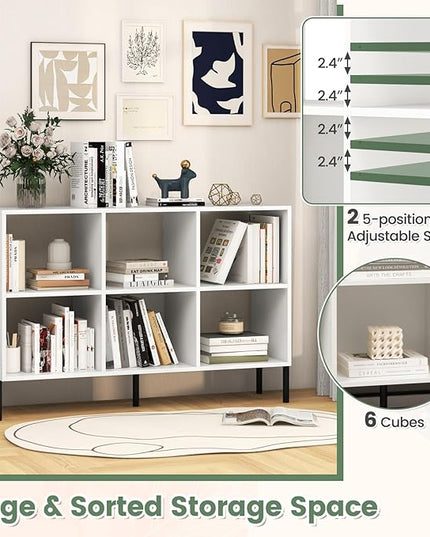 LOKO 6 Cube Bookcase, 3-Tier Floor Open Bookshelf with 5 Metal Legs, Cube Storage Organizer with Adjustable Shelves, Modern Display Shelving for Living Room, Study, Bedroom, Office (white) - LeafyLoom