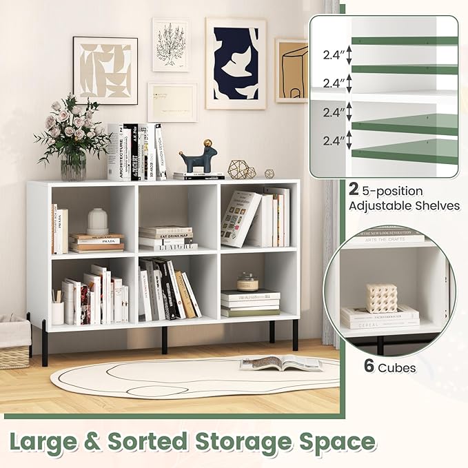 LOKO 6 Cube Bookcase, 3-Tier Floor Open Bookshelf with 5 Metal Legs, Cube Storage Organizer with Adjustable Shelves, Modern Display Shelving for Living Room, Study, Bedroom, Office (white) - LeafyLoom