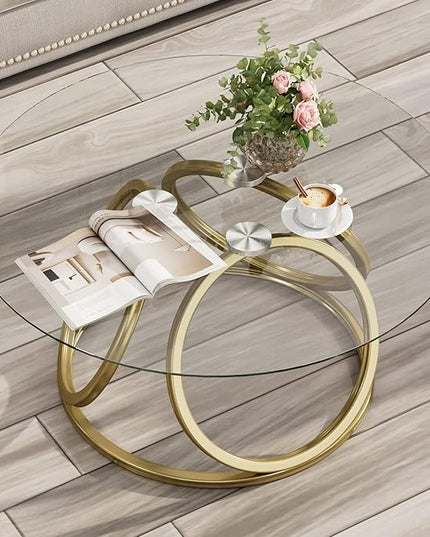 O&K FURNITURE Gold Coffee Table, Modern Round Glass Coffee Table for Living Room with Ring-Shaped Frames, Gold Glass Table for Home&Office,Gold Finish, 1PC - LeafyLoom