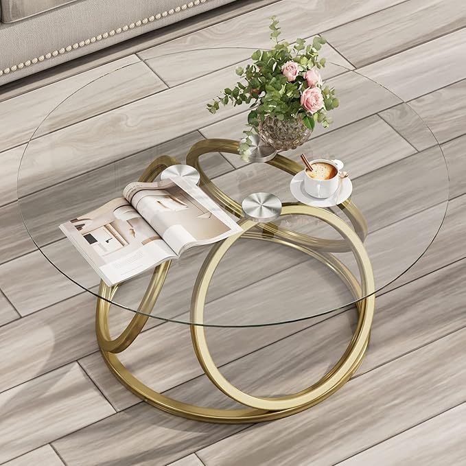 O&K FURNITURE Gold Coffee Table, Modern Round Glass Coffee Table for Living Room with Ring-Shaped Frames, Gold Glass Table for Home&Office,Gold Finish, 1PC - LeafyLoom