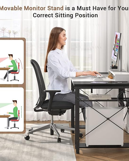 armocity Computer Desk, 55 Inch Desk with Power Outlet and USB, Reversible Large Desk with Moveable Monitor Stand, Industrial Gaming PC Table for Home Office, Workstation, White and Black - LeafyLoom