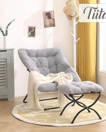 Tiita Saucer Chair with Ottoman, Soft Faux Fur Oversized Folding Accent Chair,Lounge Lazy Chair, Metal Frame Moon Chair for Bedroom, Living Room, Dorm Rooms, Garden and Courtyard - LeafyLoom