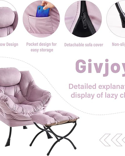 Lazy Chair and Ottoman, Large Accent Lounge Chair with Armrests and a Side Pocket, Modern Leisure Upholstered Sofa Reading Armchair with Footrest for Bedroom, Living Room, Dorm Rooms, Office - LeafyLoom