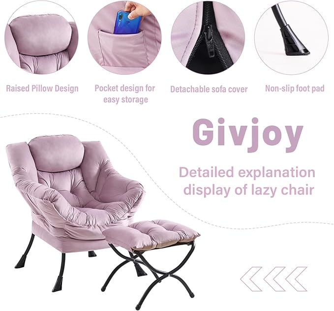 Lazy Chair and Ottoman, Large Accent Lounge Chair with Armrests and a Side Pocket, Modern Leisure Upholstered Sofa Reading Armchair with Footrest for Bedroom, Living Room, Dorm Rooms, Office - LeafyLoom