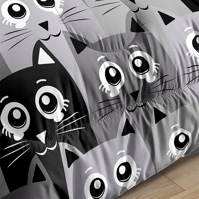 Cat Queen Comforter Set for Bedroom - 3Pcs Grey Cat Comforter Set for Teens Kids Cute Cartoon Cat Bedding Set Ultra Soft Warm Lightweight Kawaii Animal Patterns Comforter with 2 Pillowcases - LeafyLoom