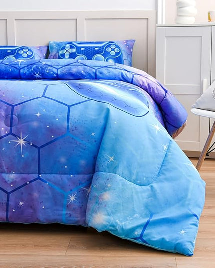 NTBED Game Console Comforter Set for Boys Girls Kids 3D Gaming Geometric Lightweight Microfiber Bedding Sets (Blue Purple, Twin) - LeafyLoom