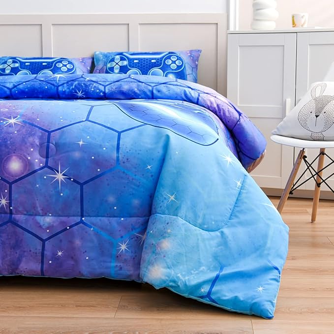 NTBED Game Console Comforter Set for Boys Girls Kids 3D Gaming Geometric Lightweight Microfiber Bedding Sets (Blue Purple, Twin) - LeafyLoom