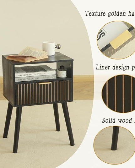 MaxSmeo Black Nightstand with Drawer, Bedside Table Set of 2, Mid Century Modern Nightstand with Open Shelf Storage, End Table with Solid Wood Legs, Black - LeafyLoom