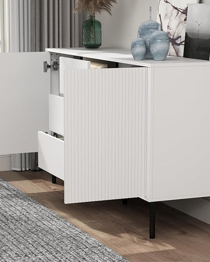 Wide Sideboard Buffet Cabinet Wood Farmhouse Storage Credenza, Coffee Bar Console Table for Kitchen, Dining, Living Room, Hallway, 55.1 x 15.6 x 31.5 in, White - LeafyLoom