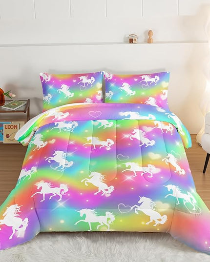 HOSIMA Unicorn Bedding 3pcs Rainbow Comforter Set with 2 Pillowcases,Sparkle Stars King Size Comforter Set for Adults Teen Girls,Cute Rainbow Unicorn Comforter Princess Toddler Bedding Set. - LeafyLoom