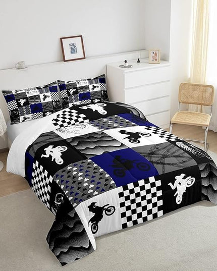 Dirt Bike Comforter Set, Motocross Rider Bedding Comforter Sets Full, Motorcycle Grunge Down Comforter For Kids Boys Adult Men, Motorbike Extreme Sport Game Comforter, Buffalo Plaid, Blue Grey Black - LeafyLoom