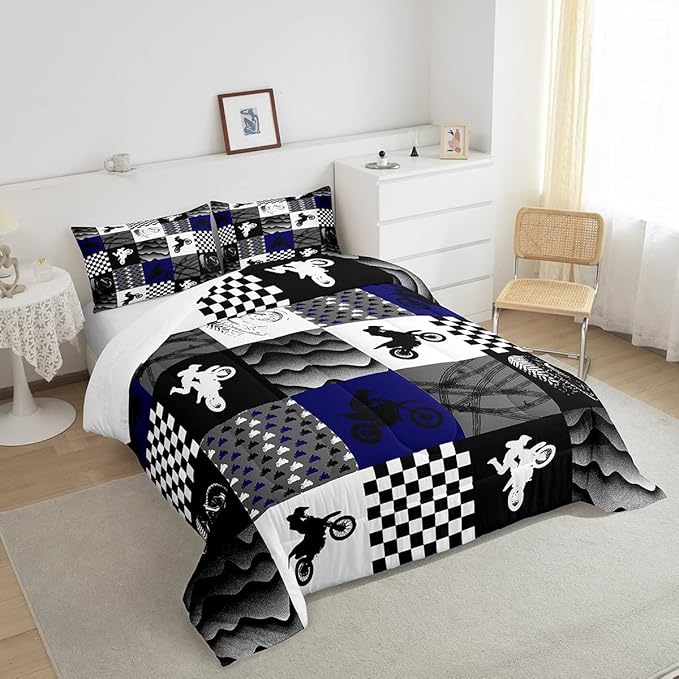 Dirt Bike Comforter Set, Motocross Rider Bedding Comforter Sets Full, Motorcycle Grunge Down Comforter For Kids Boys Adult Men, Motorbike Extreme Sport Game Comforter, Buffalo Plaid, Blue Grey Black - LeafyLoom