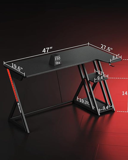 CubiCubi Aurora Gaming Desk with Carbon Fiber Surface, 47 Inch L Shaped Desk with Storage Shelves, Small Corner Computer Desk with Monitor Shelf, Gamer Desk PC Table, Black - LeafyLoom